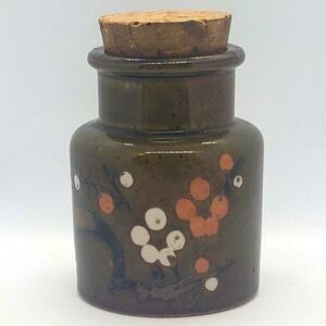 Nagoya Japan Vintage Olive Green Orange Cream Berry Cork Lid Stoneware Canister